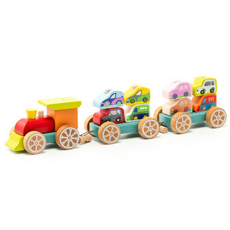 Cubika houten trein met kleine auto`s 